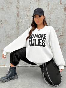 SHEIN EZwear Hơn Đồ họa Chữ cái Thả vai Áo nỉ - trắng - Xem 6