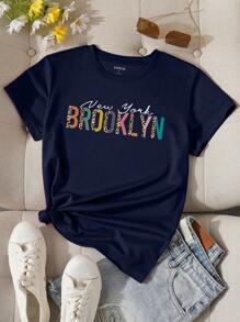 INAWLY Leopard And Letter Graphic Tee Graphic Cheetah Print Tees Women Tops