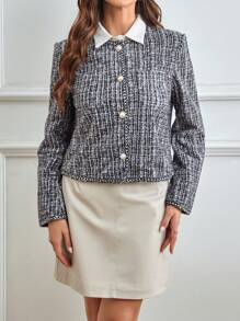 SHEIN Privé 撞色滾邊前紐扣夾克 - 黑與白 - 查看 5