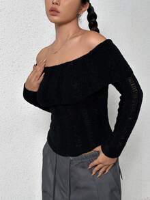 SHEIN Unity Foldover Off Shoulder Ripped Sweater - Black - View 4
