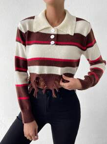 Chiquease Áo len cổ lọ họa tiết sọc, viền rách, chất liệu dệt kim, thích hợp cho mùa thu đông. - Nhiều màu - Xem 3