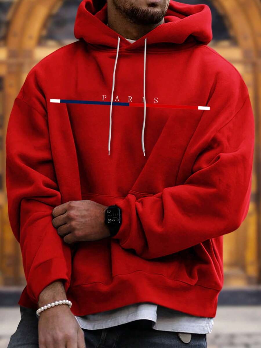 Manfinity Homme 男士寬鬆字母圖案連帽衫,帶有袋鼠口袋和束口設計 - 紅色 - 查看 1