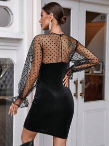 SHEIN Privé Lưới tương phản tay áo lá sen Nơ mặt trước Nhung Váy bodycon - màu đen - Xem 2