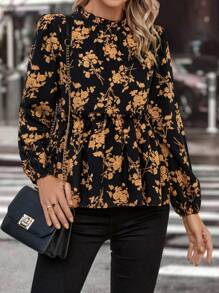 SHEIN Clasi 印花燈籠袖荷葉邊下擺襯衫 - 彩色 - 查看 5