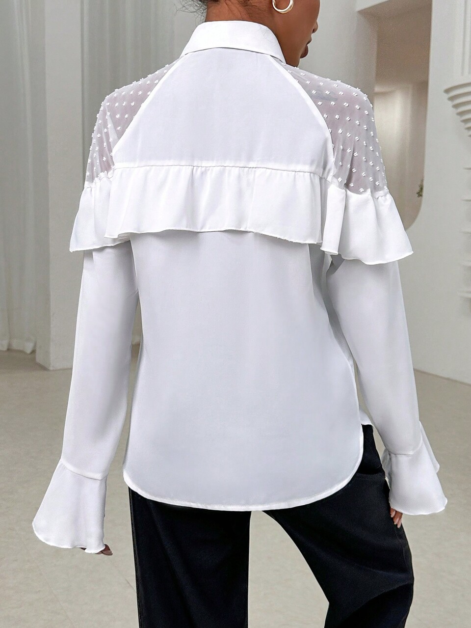 Contrast Mesh Ruffle Trim Tie Neck Flounce Sleeve Blouse