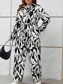 SHEIN Essnce Plus Allover Print Belted Shirt Jumpsuit - Black and White - View 6