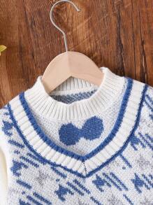 SHEIN Young Boy Houndstooth Pattern Striped Trim 2 In 1 Sweater - Blue and White - View 3