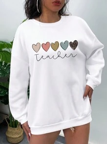 SHEIN EZwear 大碼愛心圖案落肩袖運動衫 - 白色 - 查看 5