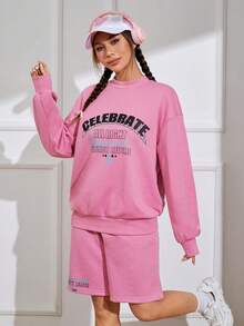 SHEIN EZwear 字母圖案落肩袖運動衫和短褲 - 粉色 - 查看 5