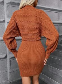 SHEIN Clasi 麻花編織蝙蝠袖毛衣洋裝 - 棕色 - 查看 2