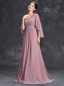 V 领喇叭袖亮片刺绣花朵派对长款伴娘礼服 - 紅木色 - 查看 4