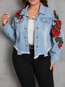SHEIN LUNE Plus Floral Embroidery Flap Pocket Raw Hem Denim Jacket - Light Wash - View 1