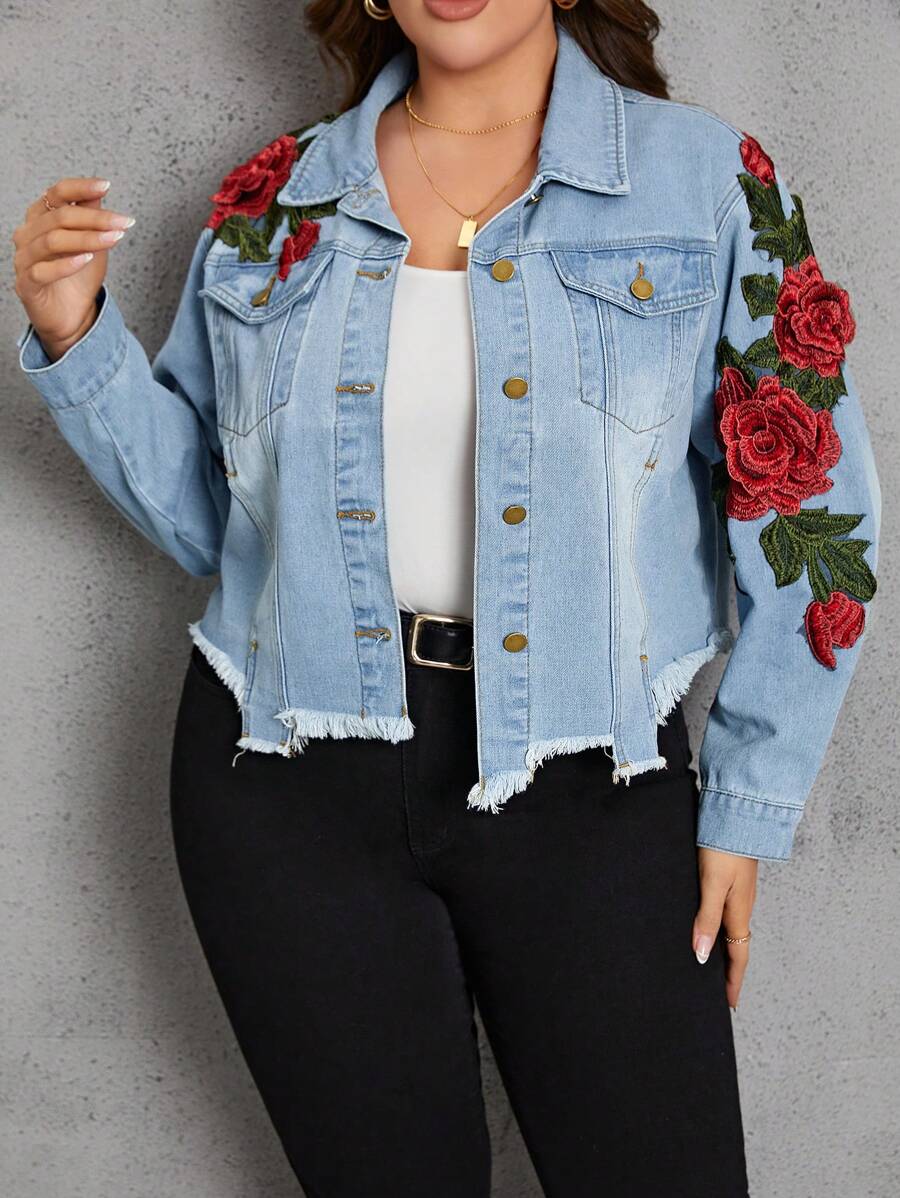 SHEIN LUNE Plus Floral Embroidery Flap Pocket Raw Hem Denim Jacket - Light Wash - View 1