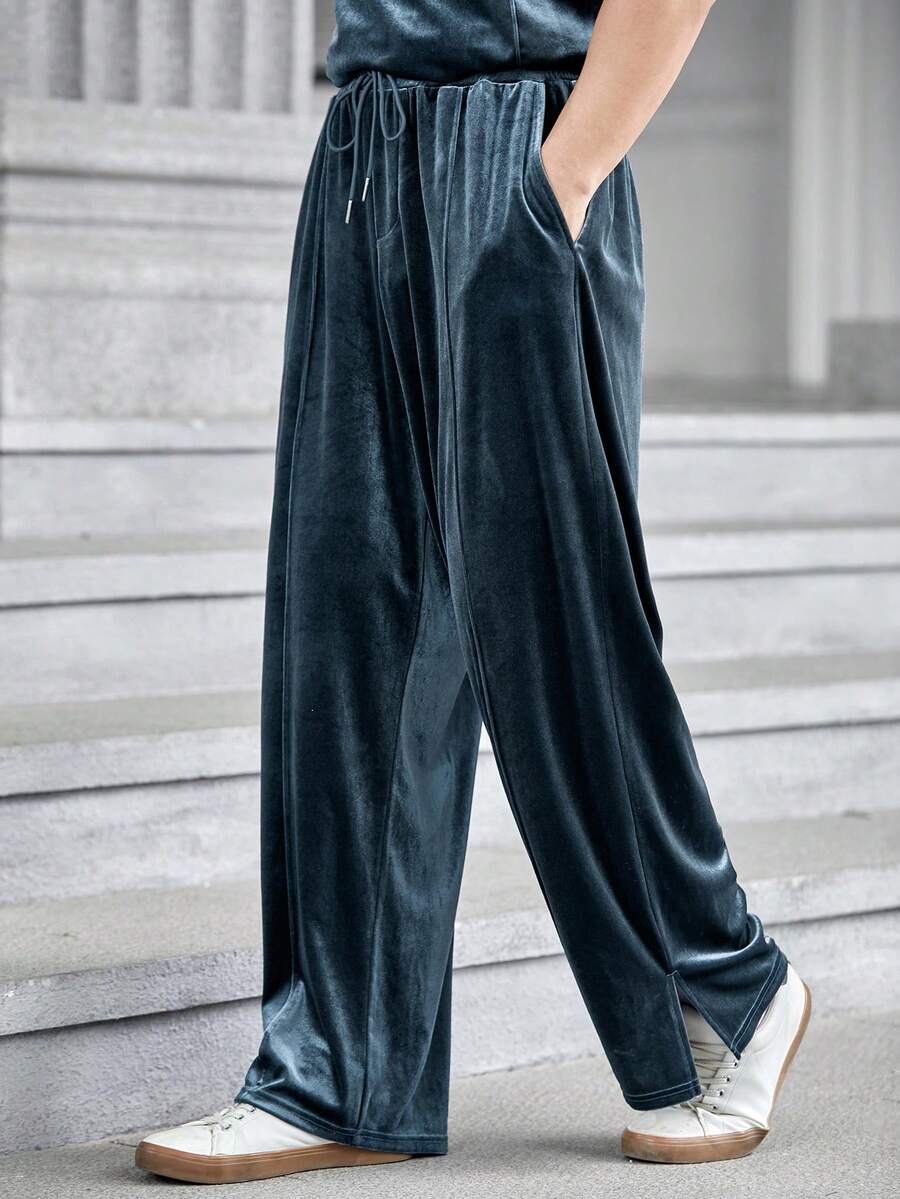 GENTILAND 男士腰部抽繩斜口袋長褲 - 灰色 - 查看 1