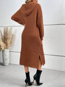 Chiquease 四分之一按鈕高衩落肩袖連帽毛衣洋裝不附腰帶 - 銅色 - 查看 2