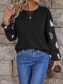 SHEIN LUNE 羽毛印花落肩袖上衣 - 黑色 - 查看 5