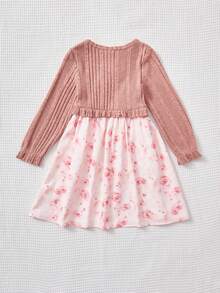 小女孩針織純色圓領拼接提花花邊底裙兩件套裝 - 彩色 - 查看 2