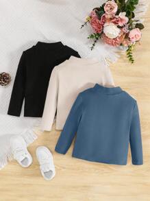 SHEIN Baby Girl 3pcs Solid Mock Neck Ribbed Knit Tee - Multicolor - View 2
