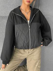 SHEIN EZwear Two Tone Drop Shoulder Zip Up Quilted Coat - Black - View 5