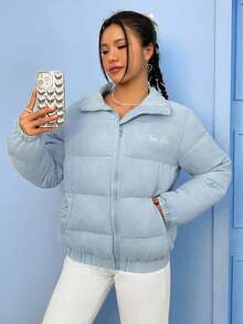 Muchica Áo khoác độn thêu chữ có khóa kéo - Màu xanh bụi bặm - Xem 6