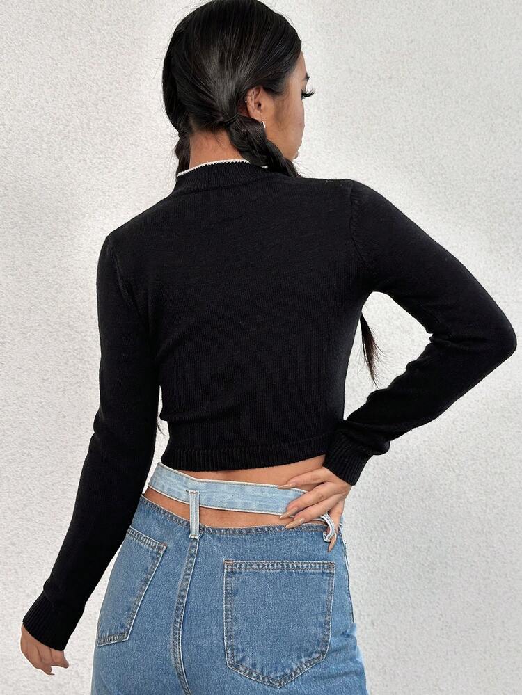 Contrast Trim Cut Out Front Crop Knit Pullover Fall Winter Sweater