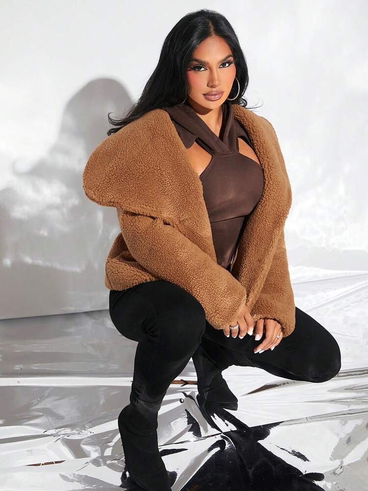 Solid Waterfall Collar Button Front Teddy Coat