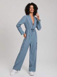 Jingwen Lapel Collar Drawstring Waist Flap Pocket Side Shirt Jumpsuit - Blue - View 3