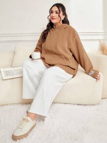 Mulvari Plus Letter Patched Detail Half Zip Kangaroo Pocket Drop Shoulder Flannel Sweatshirt - Khaki - View 6