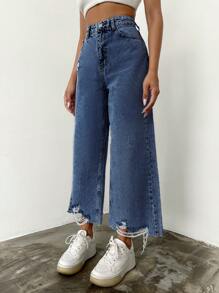 Cottnline Ripped Raw Hem Wide Leg Jeans - Dark Wash - View 3