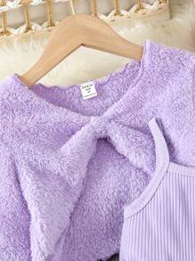 SHEIN Young Girl Solid Mesh Overlay Cami Dress & Twist Front Pullover - Purple - View 6