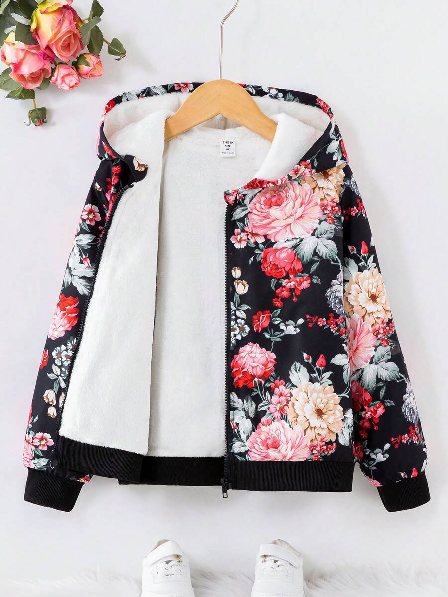 SHEIN Cô gái Tween In hoa Lót Teddy áo có mũ Áo khoác - màu đen - Xem 1