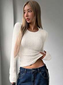 DAZY 女士纯色圆领长袖T恤上衣 - 白色 - 查看 4