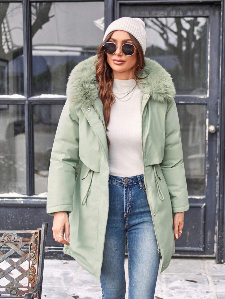 SHEIN Essnce Casual Solid Color Drawstring Waist Fur Collar Hooded Padded Padded Coat, Winter Clothes - Green - View 1