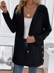 SHEIN LUNE 素色前紐扣連帽燈芯絨大衣