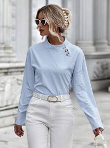 SHEIN Essnce Blue And White Pinstriped Stand Collar Pullover Shirt - Blue and White - View 4