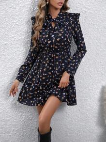 SHEIN LUNE Ditsy Floral Print Tie Neck Ruffle Trim Dress - Royal Blue - View 1
