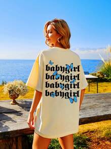 SHEIN Unity Áo thun tay ngắn hở vai họa tiết bướm cho bé gái - Màu be - Xem 1