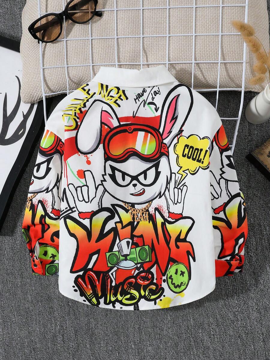 SHEIN Young Boy Casual Street Style Drop Shoulder Printed Rabbit Graffiti Long Sleeve Shirt With Collar, Suitable For Autumn And Winter - Multicolor - View 1