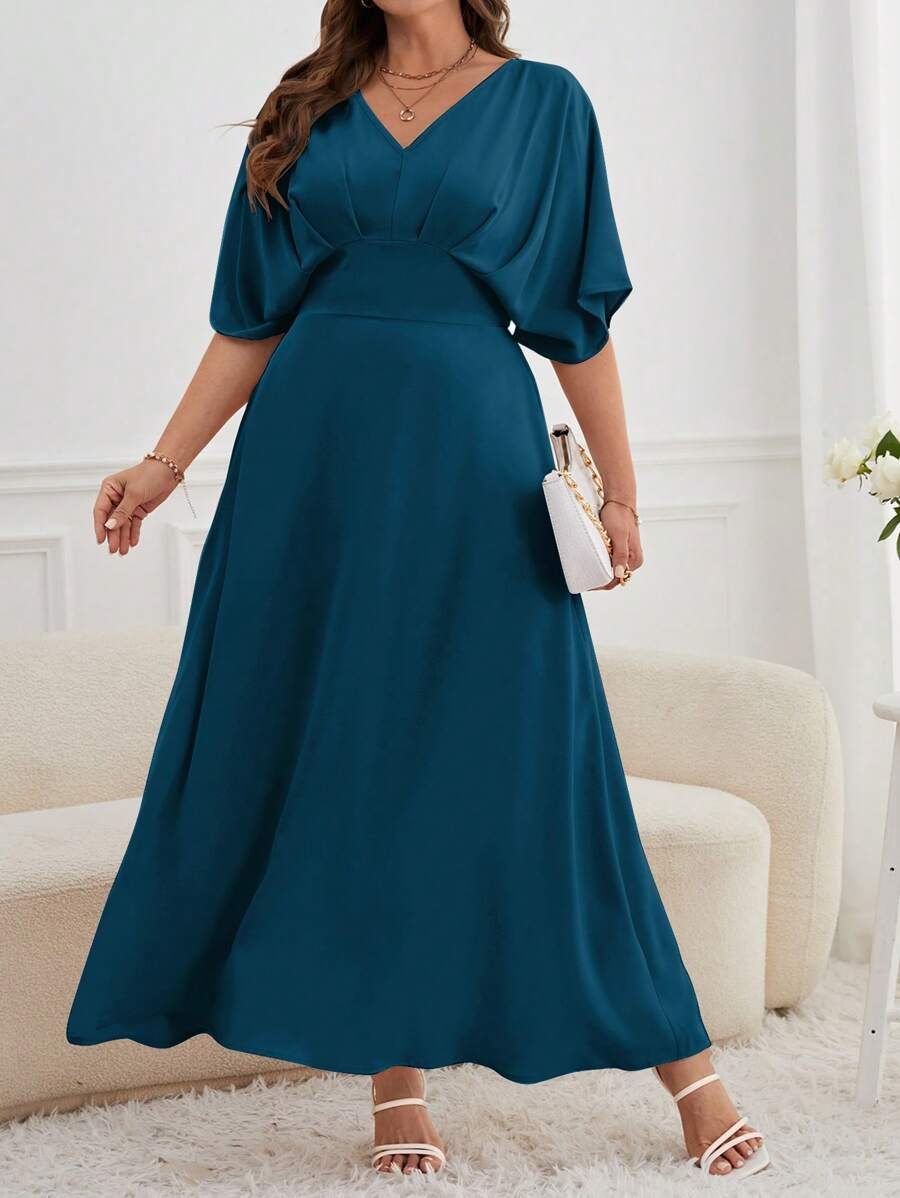 SHEIN Privé Kích thước lớn Của phụ nữ Xếp li tay cánh Đầm - Màu xanh ngọc - Xem 1