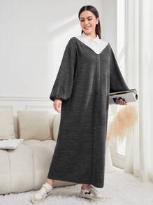 Mulvari Kích thước lớn Của phụ nữ Khối màu Cổ bẻ tay cánh Đầm - Màu xám đen - Xem 1