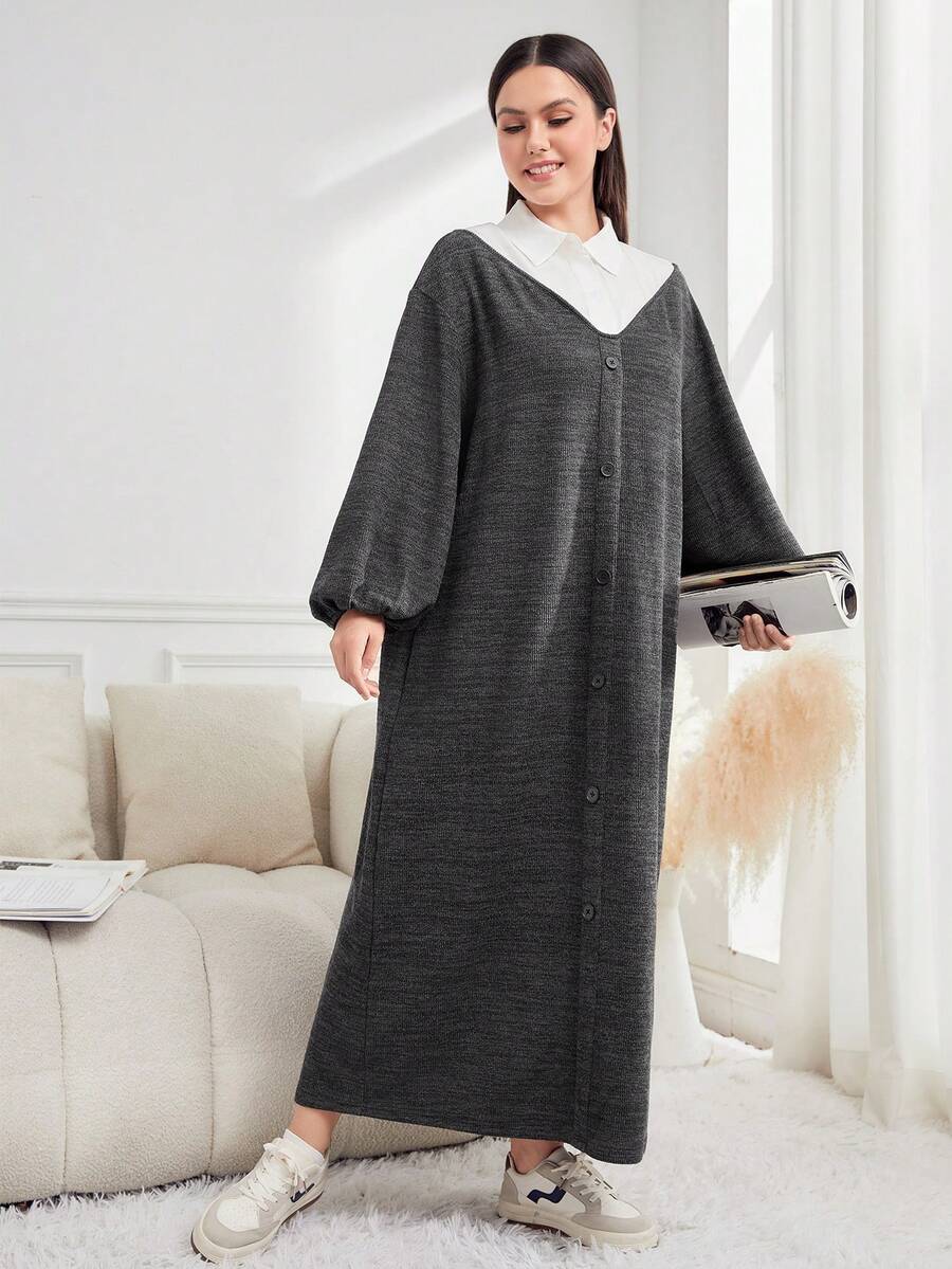 Mulvari Kích thước lớn Của phụ nữ Khối màu Cổ bẻ tay cánh Đầm - Màu xám đen - Xem 1