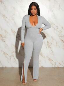 Slaydiva Cổ Lao Viền chia cắt Chất rắn Áo liền quần - Xám - Xem 4