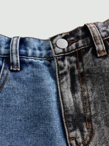 SHEIN 青少年女孩雙色直筒牛仔褲 - 中等水洗藍 - 查看 3