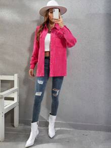 SHEIN LUNE Flap Pocket Corduroy Blouse Women Shirt - Hot Pink - View 3