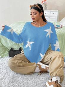 Flirla 大碼星星圖案落肩袖套頭毛衣 - 藍白色 - 查看 3