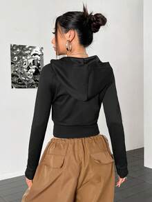 SHEIN Unity Letter Graphic Raglan Sleeve Zip Up Crop Hoodie - Black - View 2