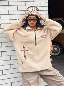SHEIN EZwear 字母&交叉刺繡半拉鏈落肩袖絨毛運動衫 - 杏色 - 查看 4