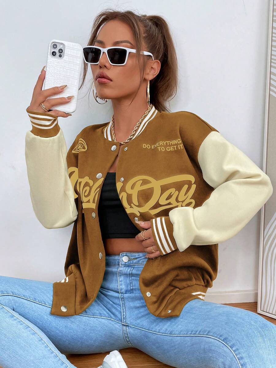 SHEIN Unity Áo khoác sọc họa tiết Letter Graphic Colorblock thả vai - màu nâu - Xem 1