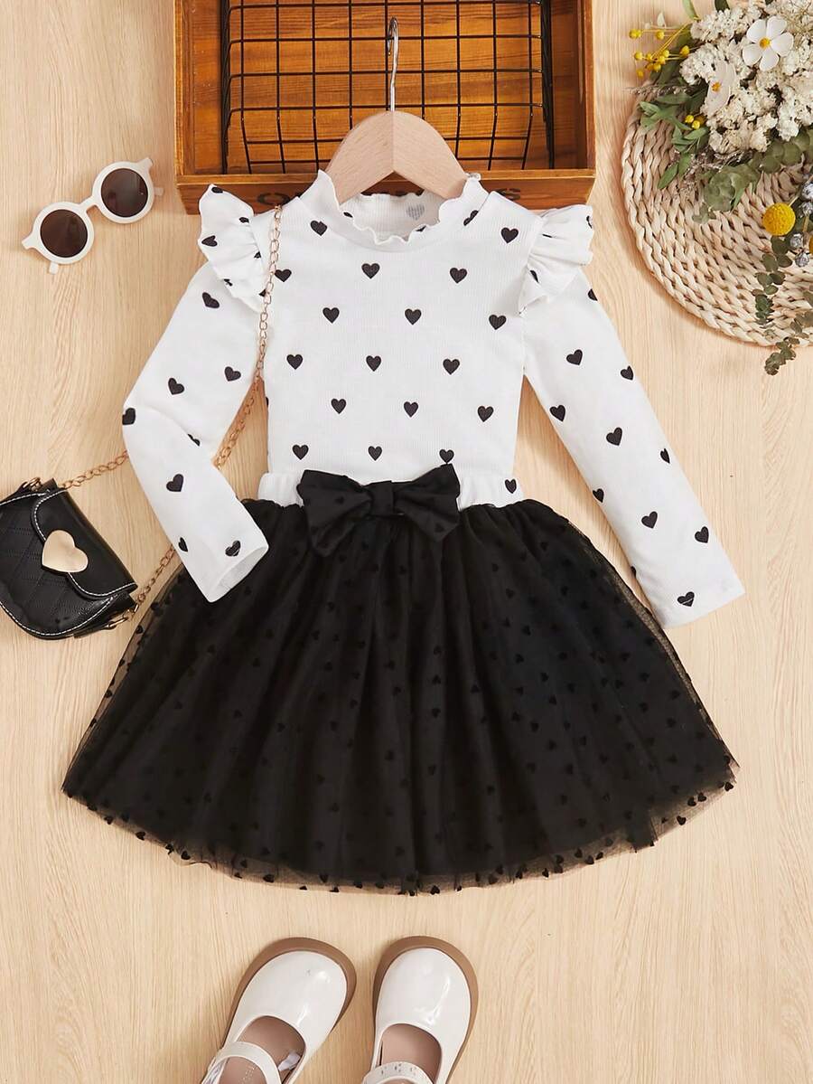 SHEIN Young Girl Heart Print Ruffle Trim Tee & Bow Front Mesh Skirt - Black and White - View 1
