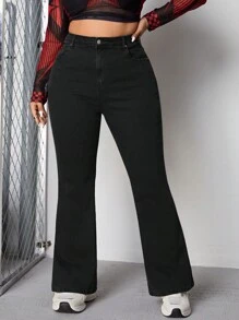 SHEIN ICON Plus Embroidery Cross Pattern Flare Leg Jeans - Black - View 2